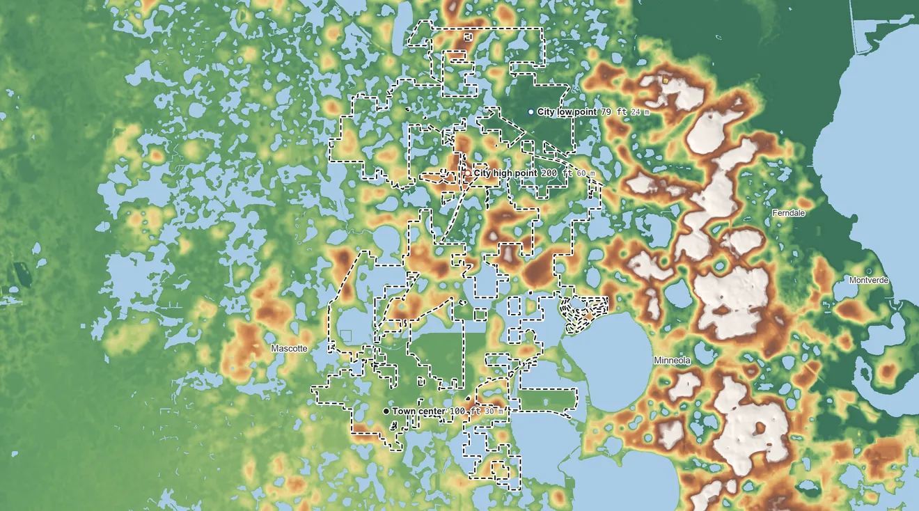 Topographic elevation map of Groveland, Florida, shaded from 79 ft on the northeast side to 200 ft on the north side