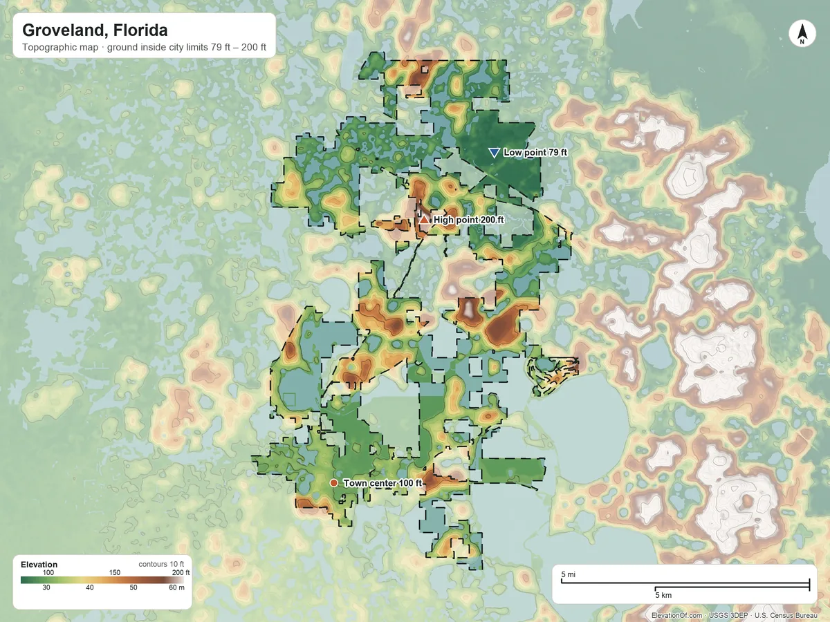 Topographic elevation map of Groveland, Florida, shaded from 79 ft on the northeast side to 200 ft on the north side