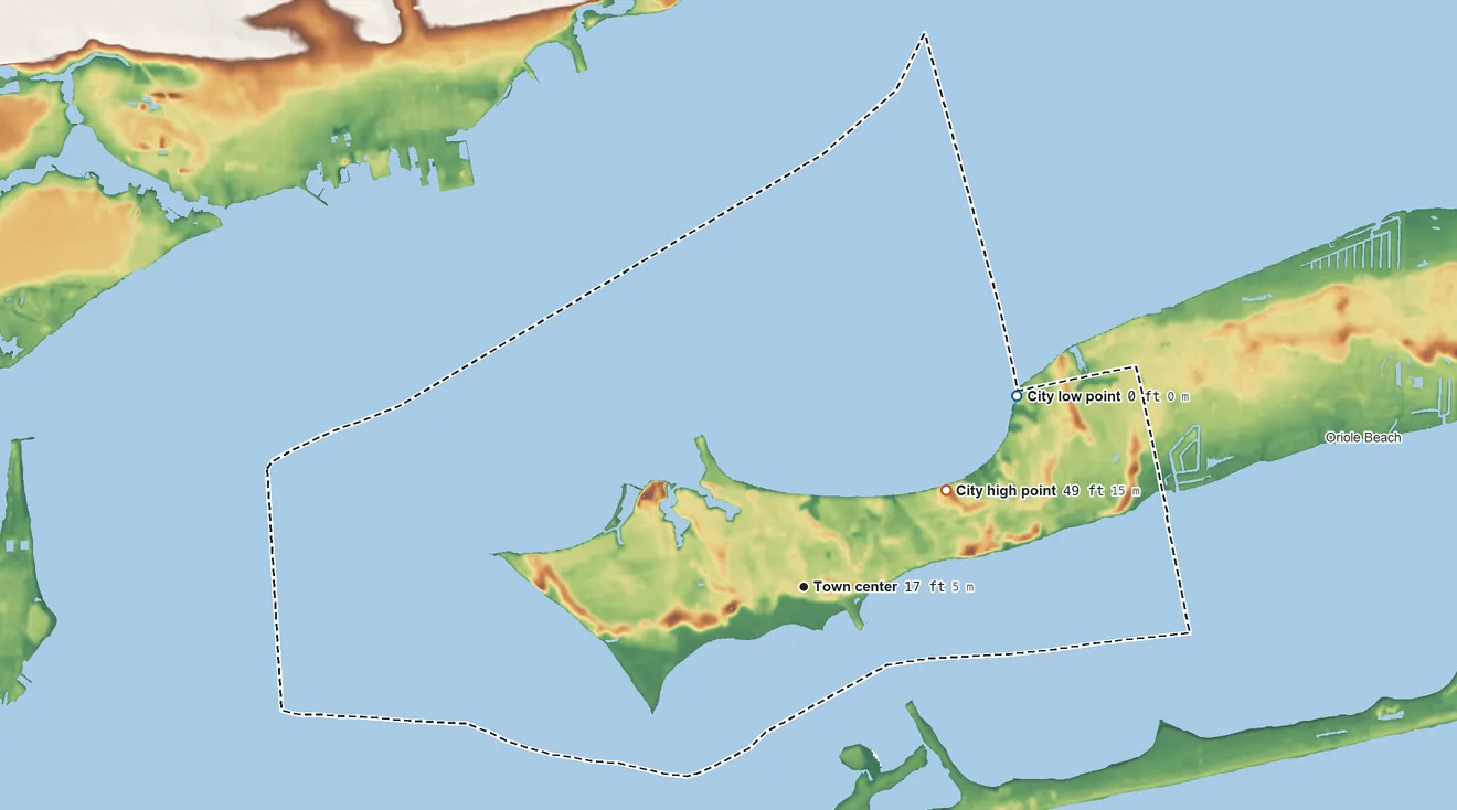 Topographic elevation map of Gulf Breeze, Florida, shaded from sea level level on Pensacola Bay to 49 ft on the northeast side