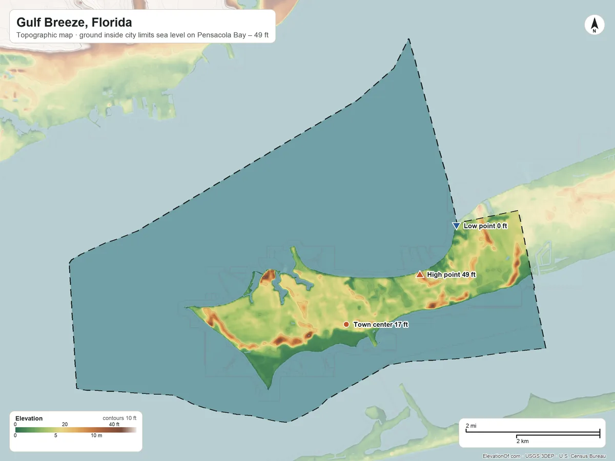 Topographic elevation map of Gulf Breeze, Florida, shaded from sea level level on Pensacola Bay to 49 ft on the northeast side