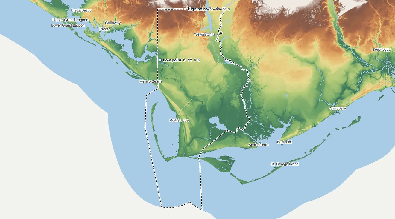Topographic elevation map of Gulf County, Florida, shaded from sea level on East Bay to 72 ft on the north side