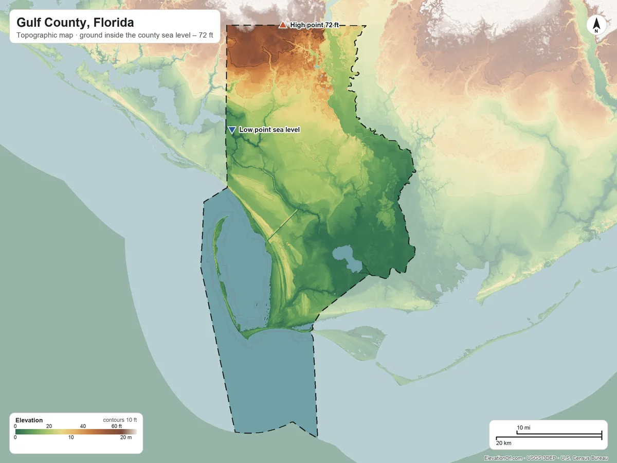 Topographic elevation map of Gulf County, Florida, shaded from sea level on East Bay to 72 ft on the north side