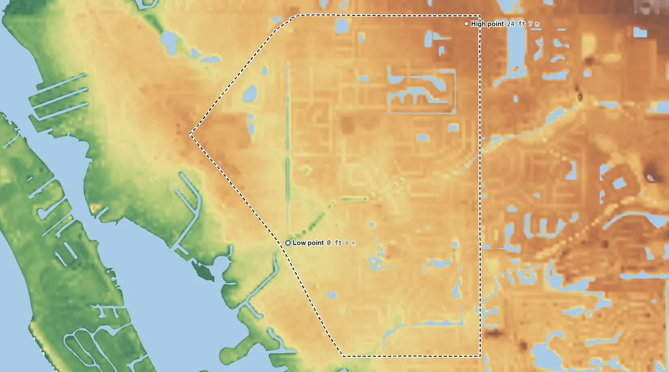 Topographic elevation map of Gulf Gate, Florida, shaded from sea level level on Little Sarasota Bay to 24 ft on the northeast side