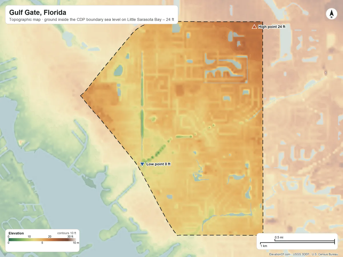 Topographic elevation map of Gulf Gate, Florida, shaded from sea level level on Little Sarasota Bay to 24 ft on the northeast side