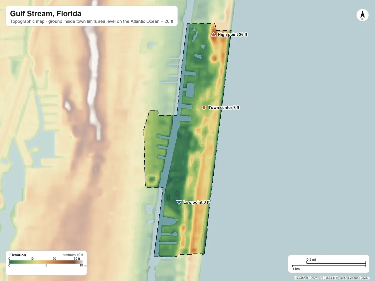 Topographic elevation map of Gulf Stream, Florida, shaded from sea level level on the Atlantic Ocean to 26 ft on the north side