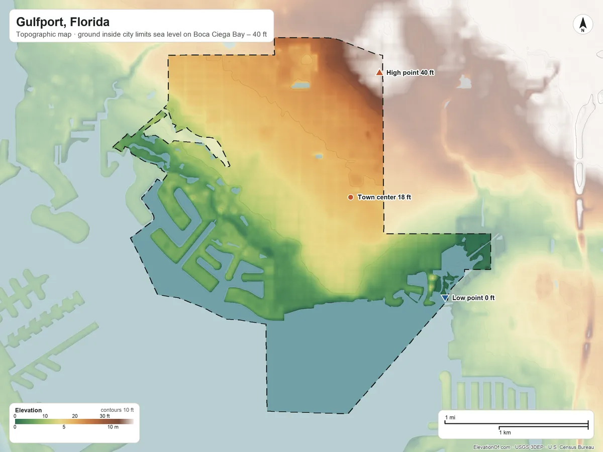 Topographic elevation map of Gulfport, Florida, shaded from sea level level on Boca Ciega Bay to 40 ft on the north side