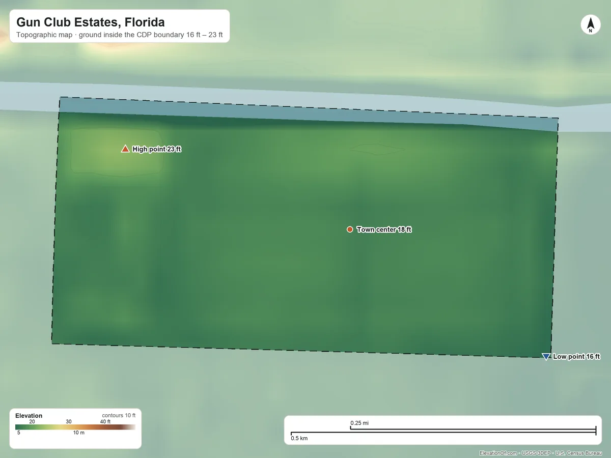Topographic elevation map of Gun Club Estates, Florida, shaded from 16 ft on the southeast side to 23 ft on the west side