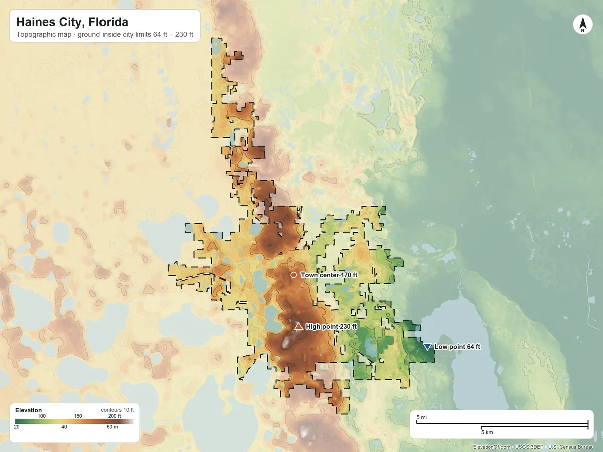 Topographic elevation map of Haines City, Florida, shaded from 64 ft on the southeast side to 230 ft on the south side