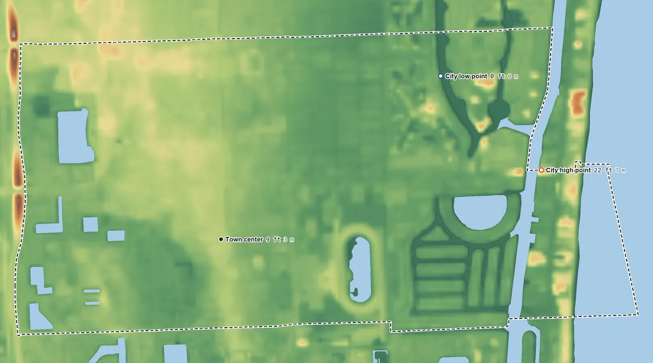 Topographic elevation map of Hallandale Beach, Florida, shaded from sea level level on the Atlantic Ocean to 22 ft on the east side