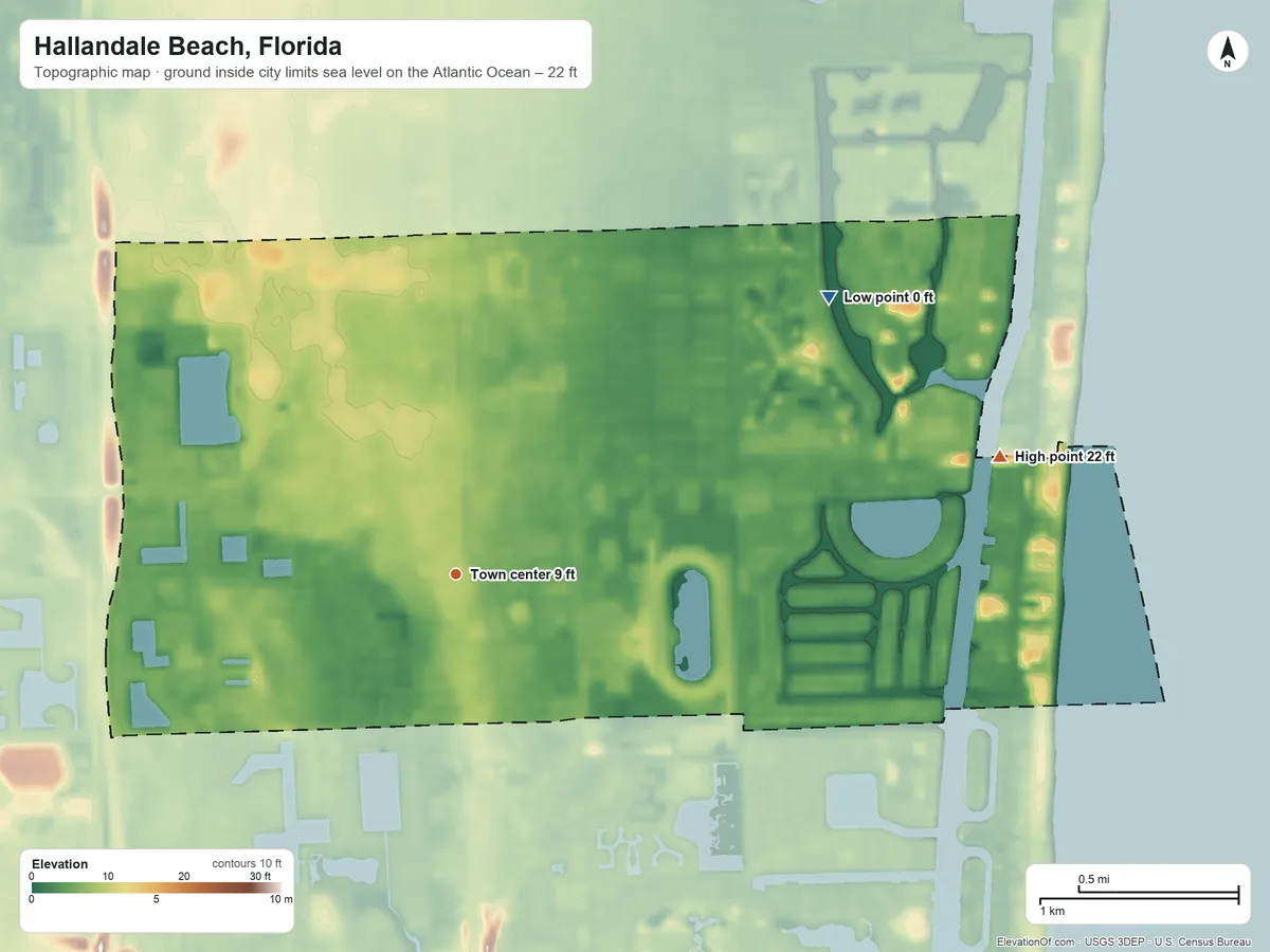 Topographic elevation map of Hallandale Beach, Florida, shaded from sea level level on the Atlantic Ocean to 22 ft on the east side