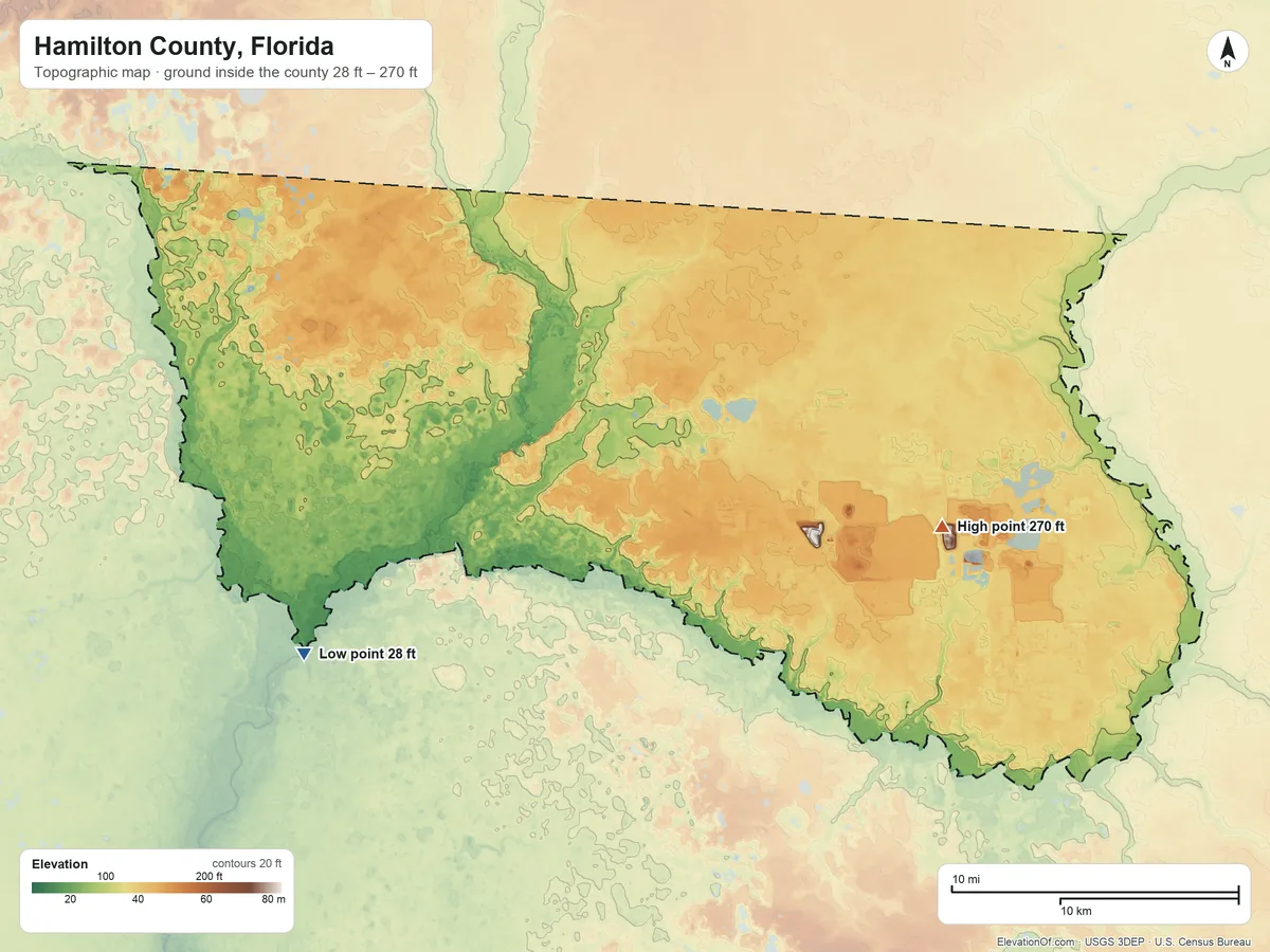 Topographic elevation map of Hamilton County, Florida, shaded from 28 ft on the southwest side to 270 ft on the east side