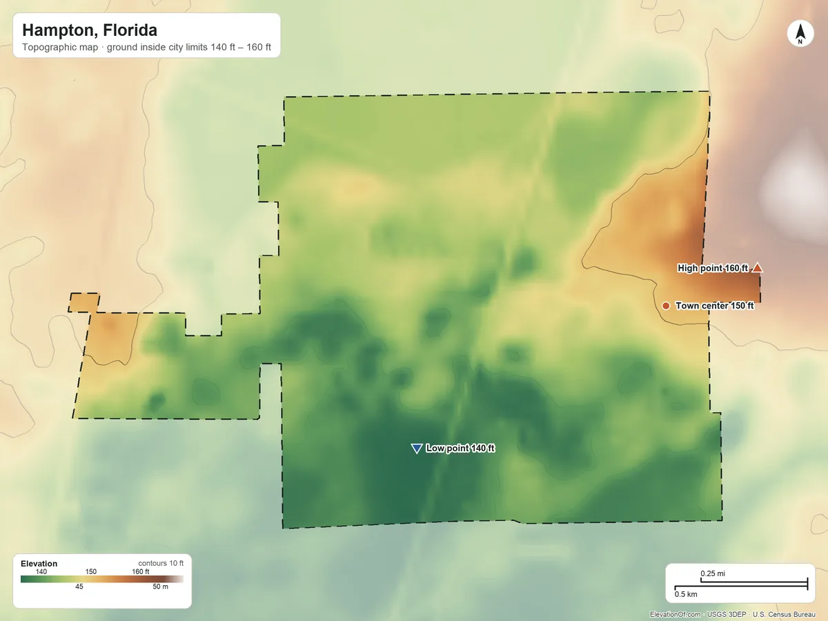 Topographic elevation map of Hampton, Florida, shaded from 140 ft on the southwest side to 160 ft on the northeast side