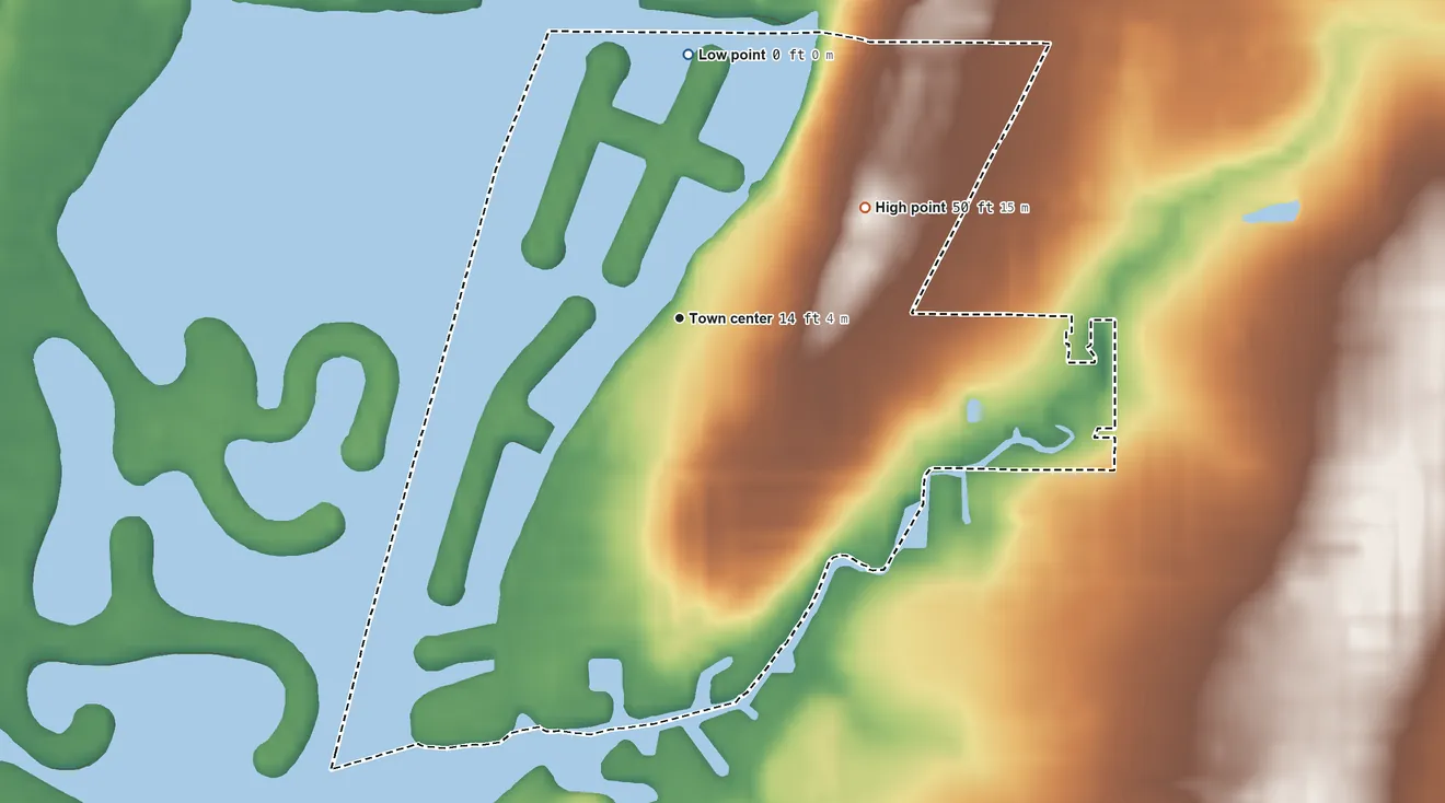 Topographic elevation map of Harbor Bluffs, Florida, shaded from sea level level on Clearwater Bay to 50 ft on the northeast side