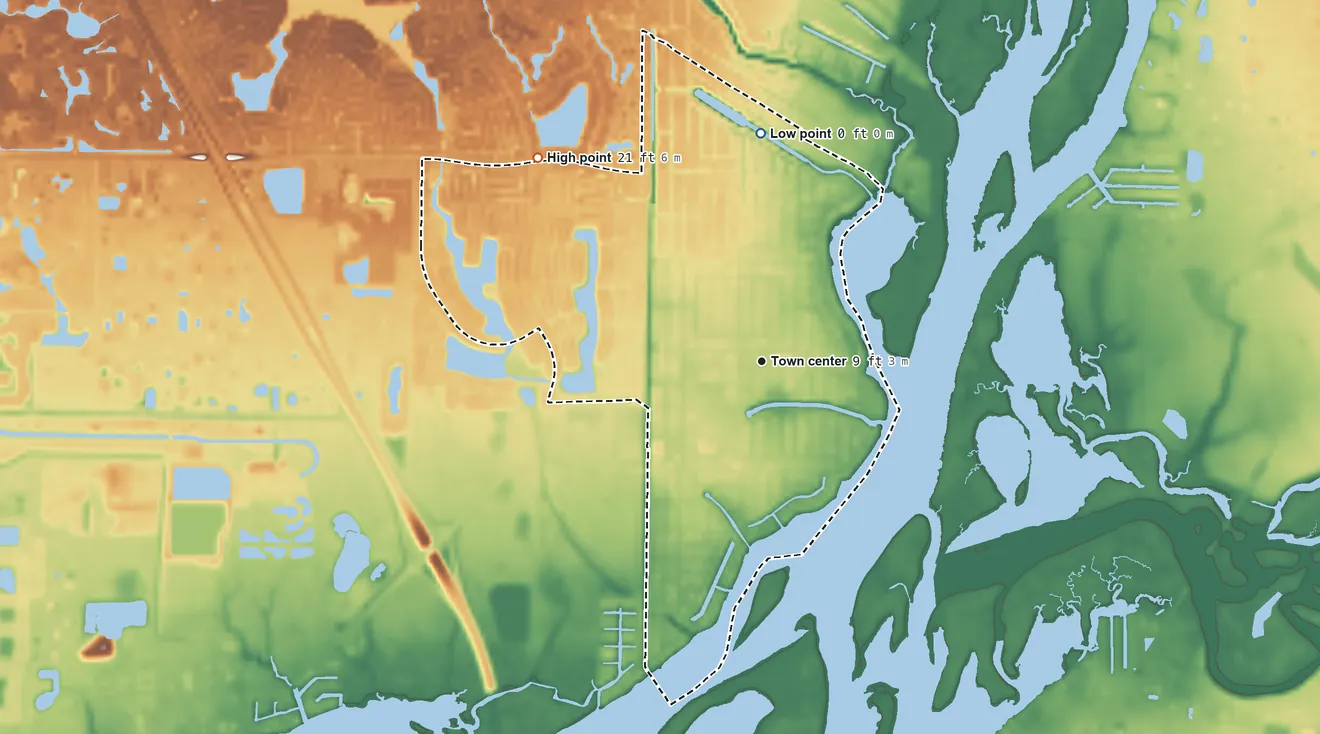 Topographic elevation map of Harbour Heights, Florida, shaded from 0 ft on the north side to 21 ft on the northwest side