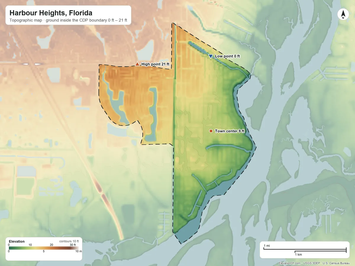 Topographic elevation map of Harbour Heights, Florida, shaded from 0 ft on the north side to 21 ft on the northwest side