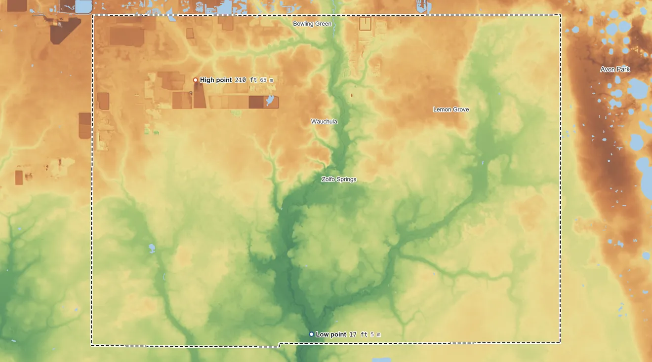 Topographic elevation map of Hardee County, Florida, shaded from 17 ft on the south side to 210 ft on the northwest side