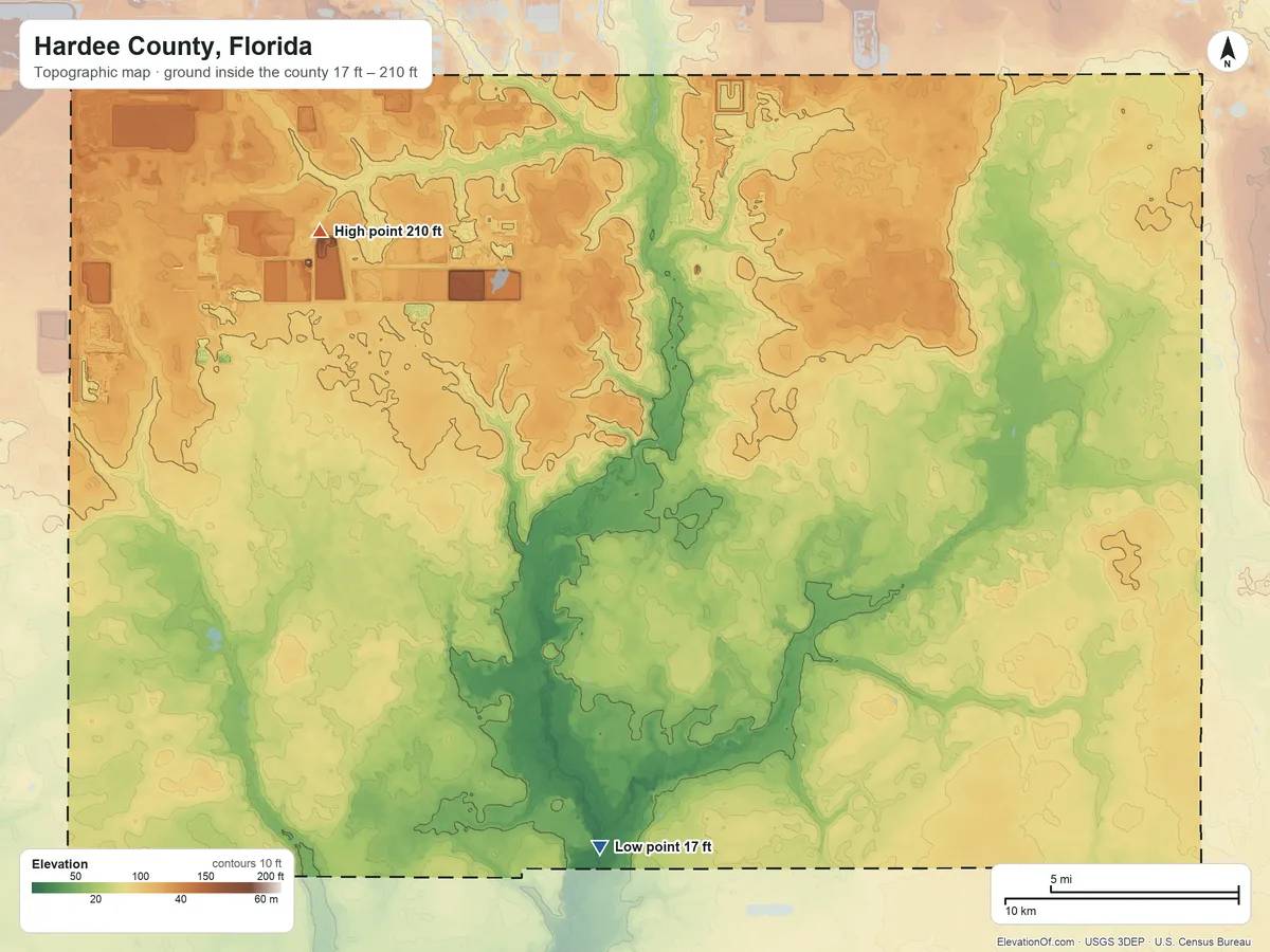 Topographic elevation map of Hardee County, Florida, shaded from 17 ft on the south side to 210 ft on the northwest side