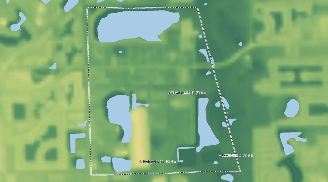 Topographic elevation map of Harlem Heights, Florida, shaded from 0 ft on the southeast side to 12 ft on the southwest side