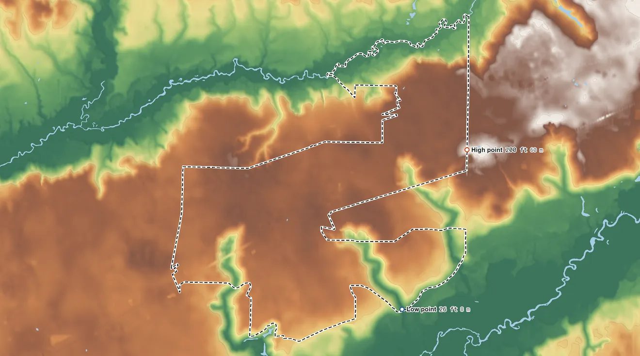 Topographic elevation map of Harold, Florida, shaded from 26 ft on the southeast side to 200 ft on the northeast side