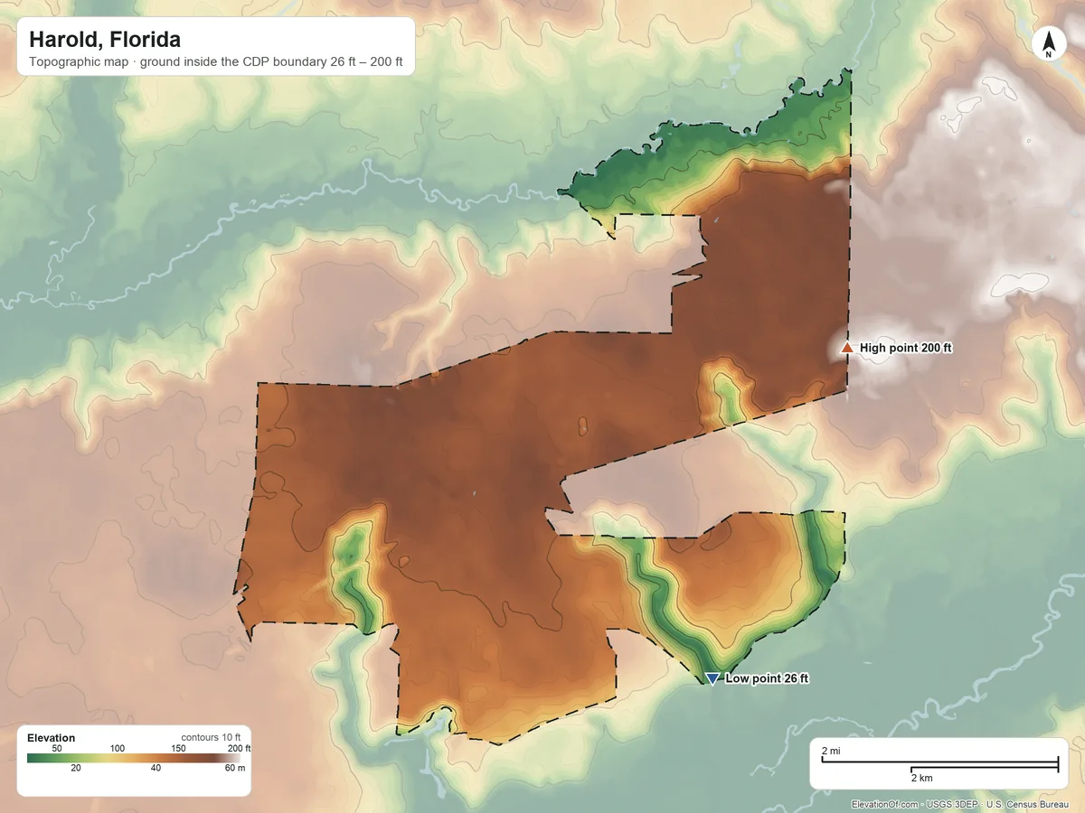 Topographic elevation map of Harold, Florida, shaded from 26 ft on the southeast side to 200 ft on the northeast side