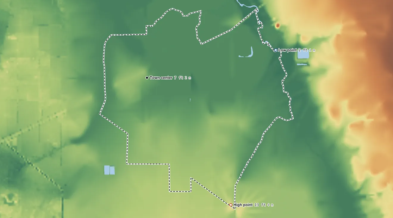 Topographic elevation map of Hastings, Florida, shaded from 2 ft on the east side to 13 ft on the southeast side