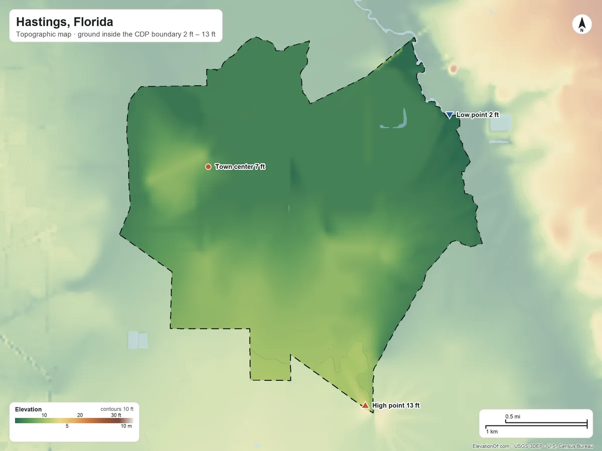 Topographic elevation map of Hastings, Florida, shaded from 2 ft on the east side to 13 ft on the southeast side