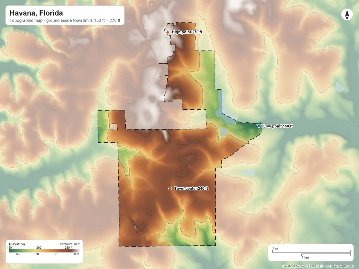 Topographic elevation map of Havana, Florida, shaded from 150 ft on the northeast side to 270 ft on the north side