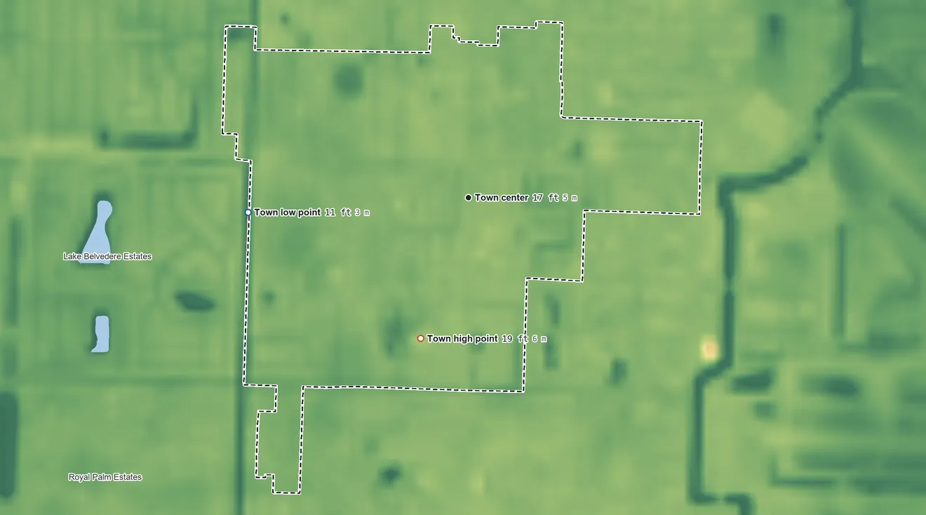 Topographic elevation map of Haverhill, Florida, shaded from 11 ft on the west side to 19 ft on the south side