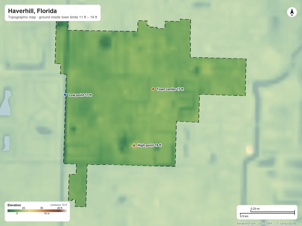 Topographic elevation map of Haverhill, Florida, shaded from 11 ft on the west side to 19 ft on the south side