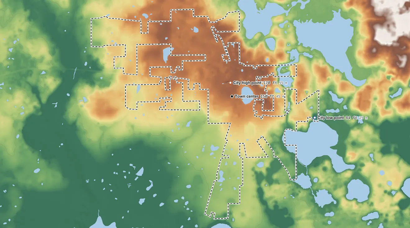 Topographic elevation map of Hawthorne, Florida, shaded from 84 ft on the east side to 170 ft near the middle