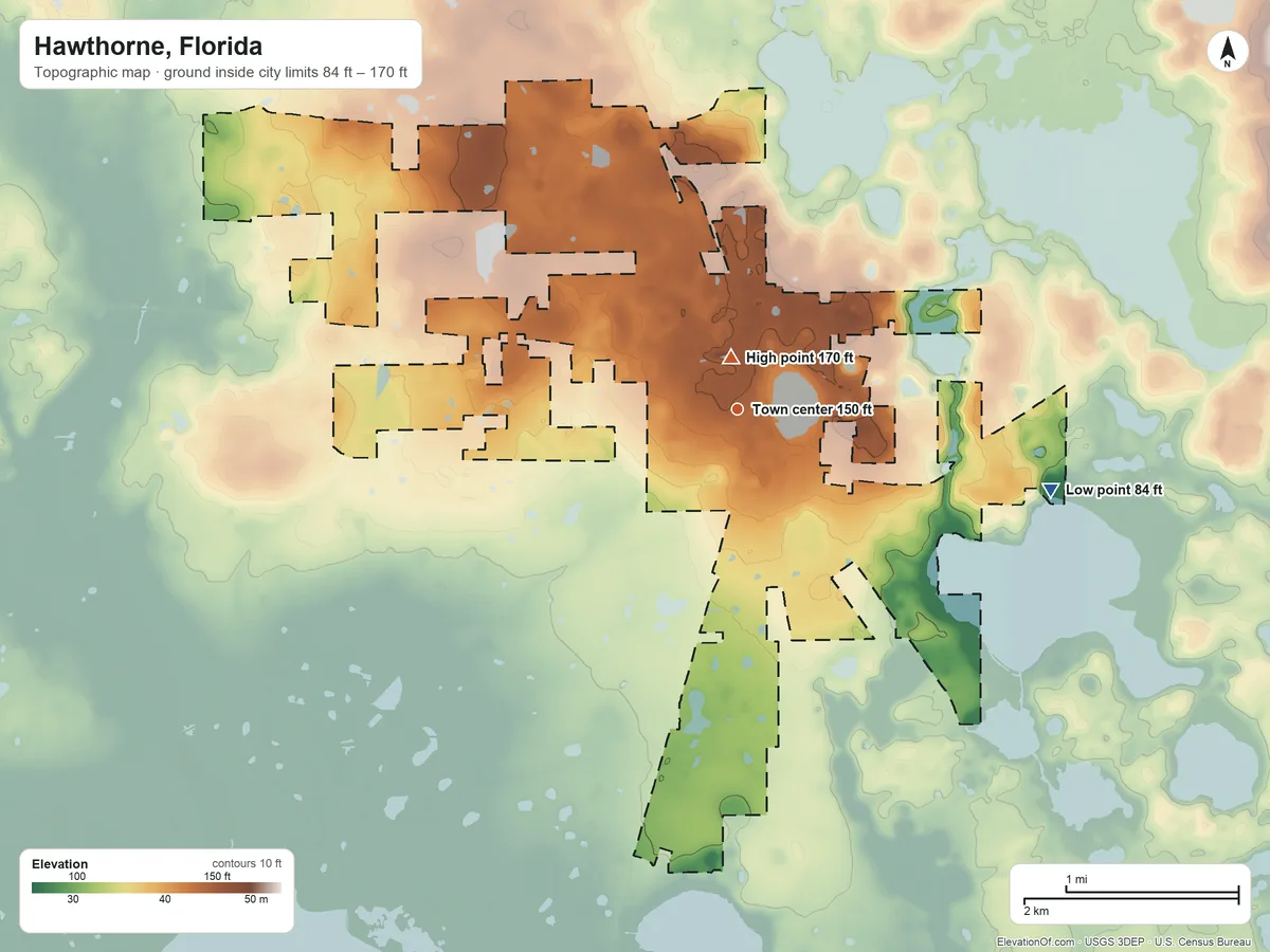 Topographic elevation map of Hawthorne, Florida, shaded from 84 ft on the east side to 170 ft near the middle