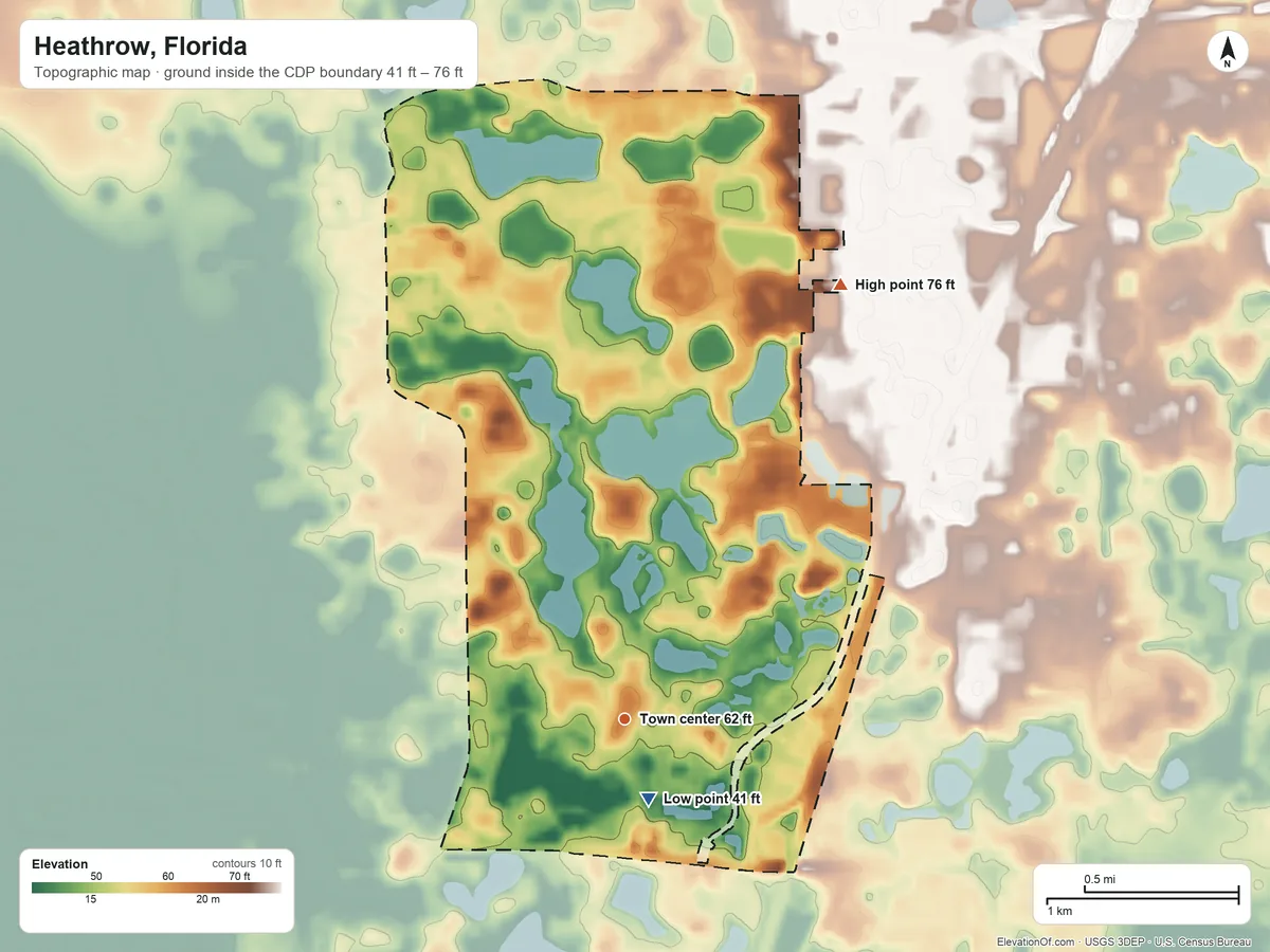 Topographic elevation map of Heathrow, Florida, shaded from 41 ft near the middle to 76 ft on the northeast side