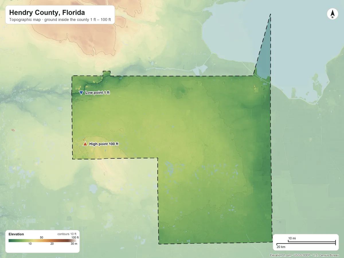 Topographic elevation map of Hendry County, Florida, shaded from 1 ft on the west side to 100 ft on the west side
