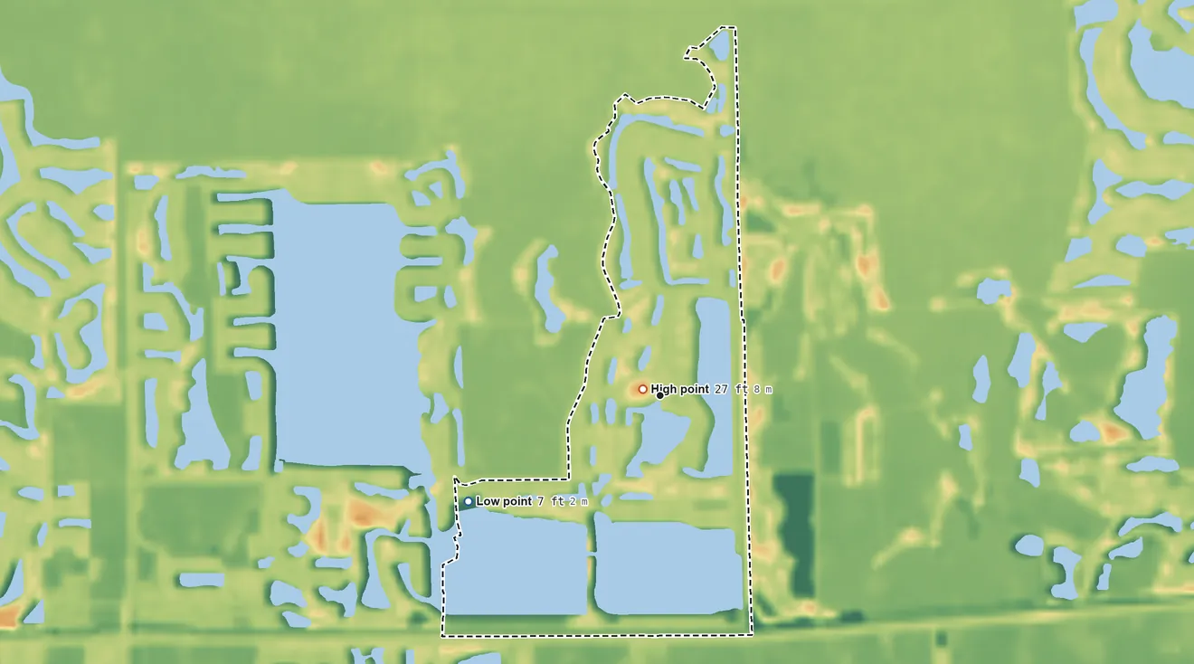 Topographic elevation map of Heritage Bay, Florida, shaded from 7 ft on the southwest side to 27 ft near the middle