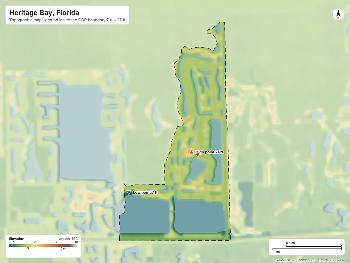 Topographic elevation map of Heritage Bay, Florida, shaded from 7 ft on the southwest side to 27 ft near the middle