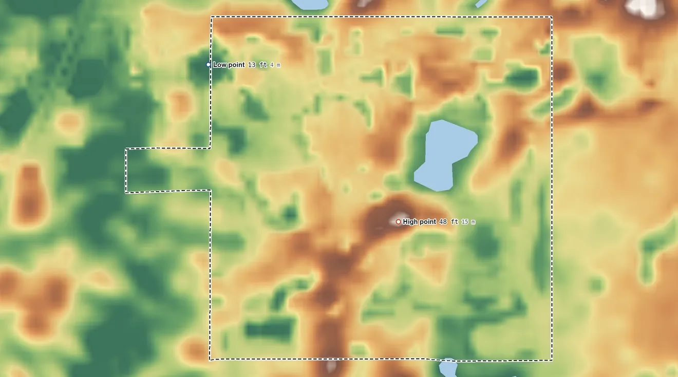 Topographic elevation map of Heritage Pines, Florida, shaded from 13 ft on the northwest side to 48 ft on the southeast side