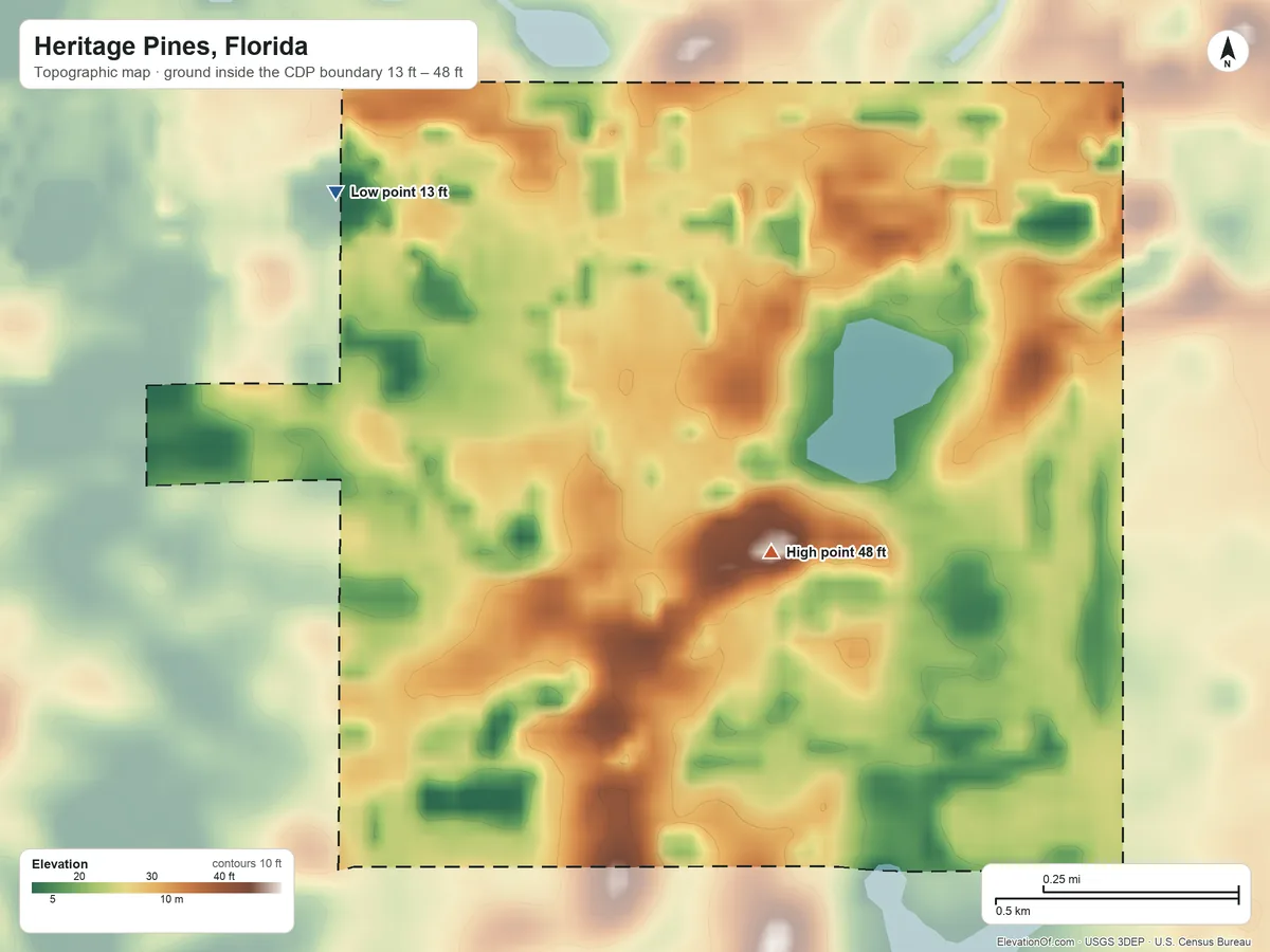 Topographic elevation map of Heritage Pines, Florida, shaded from 13 ft on the northwest side to 48 ft on the southeast side