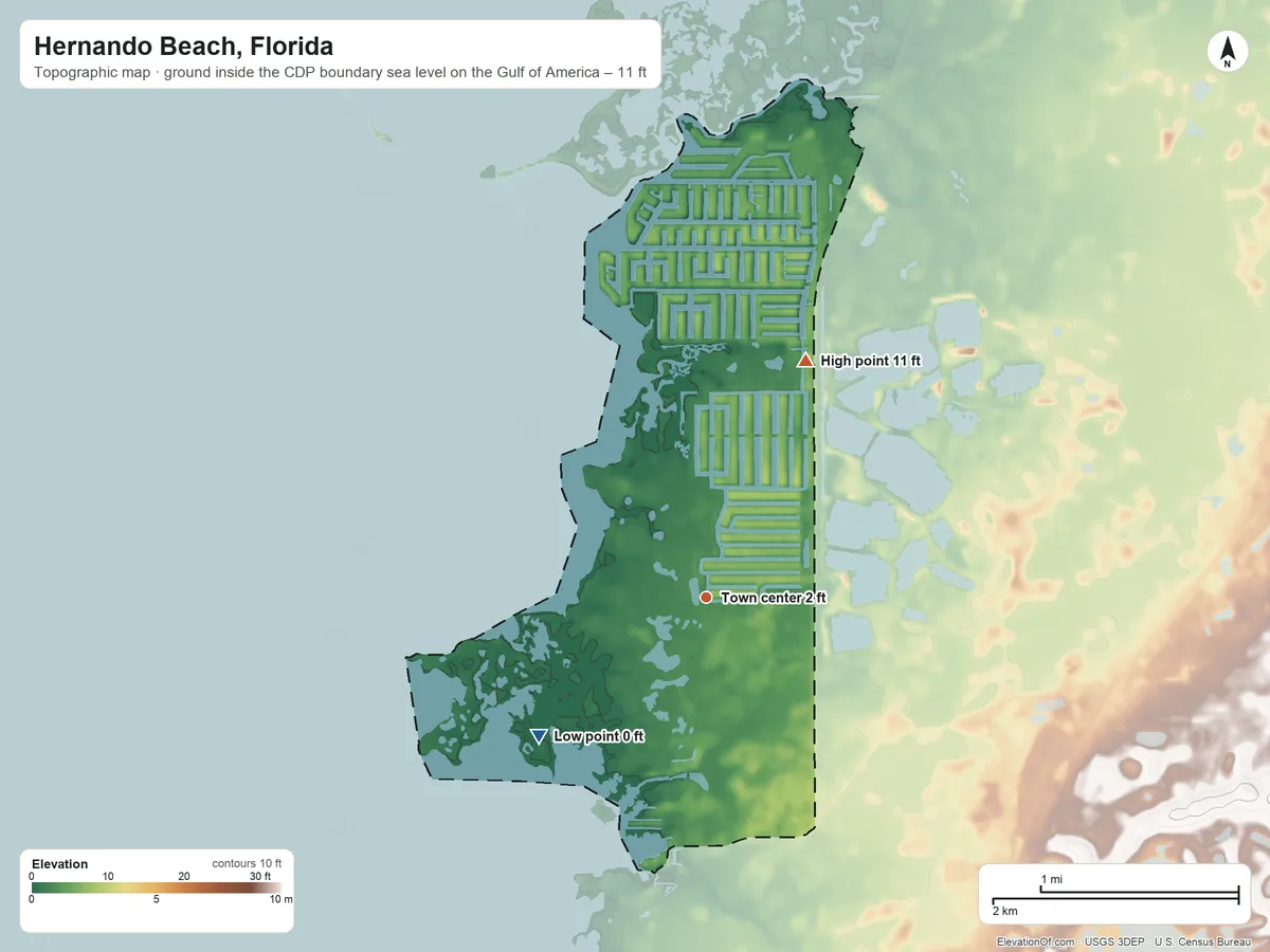 Topographic elevation map of Hernando Beach, Florida, shaded from sea level level on the Gulf of America to 11 ft on the northeast side