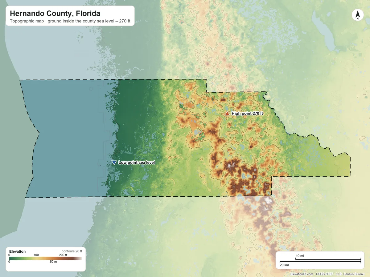 Topographic elevation map of Hernando County, Florida, shaded from sea level on Centipede Bay to 270 ft on Chinsegut Hill