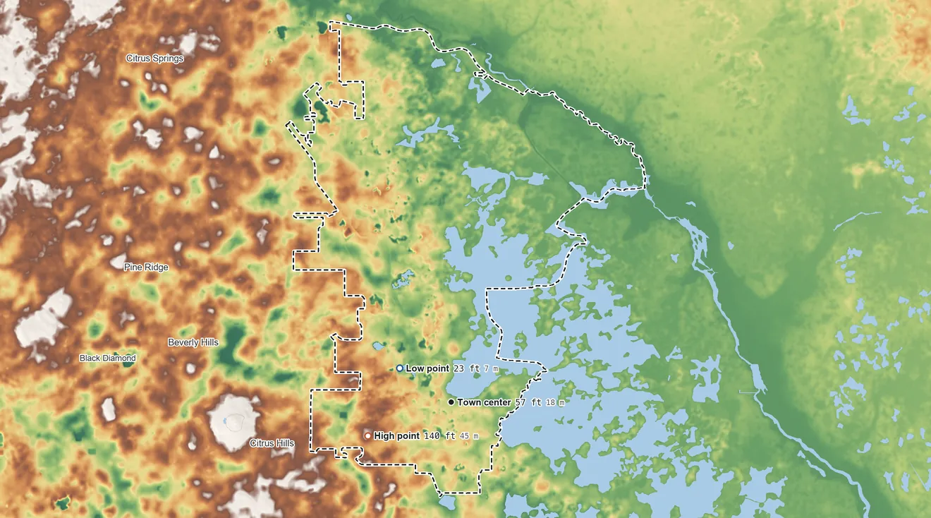 Topographic elevation map of Hernando, Florida, shaded from 23 ft on the northwest side to 140 ft on the west side