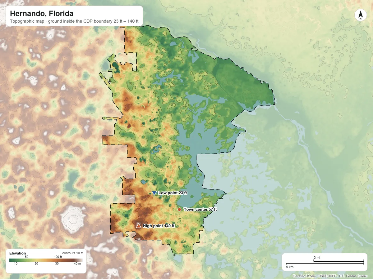Topographic elevation map of Hernando, Florida, shaded from 23 ft on the northwest side to 140 ft on the west side