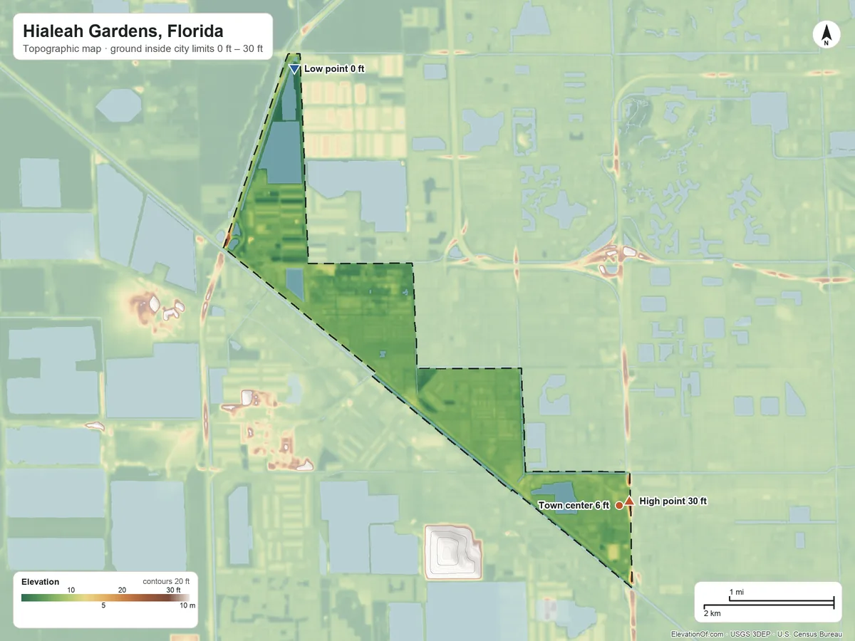 Topographic elevation map of Hialeah Gardens, Florida, shaded from 0 ft on the northwest side to 30 ft near the middle