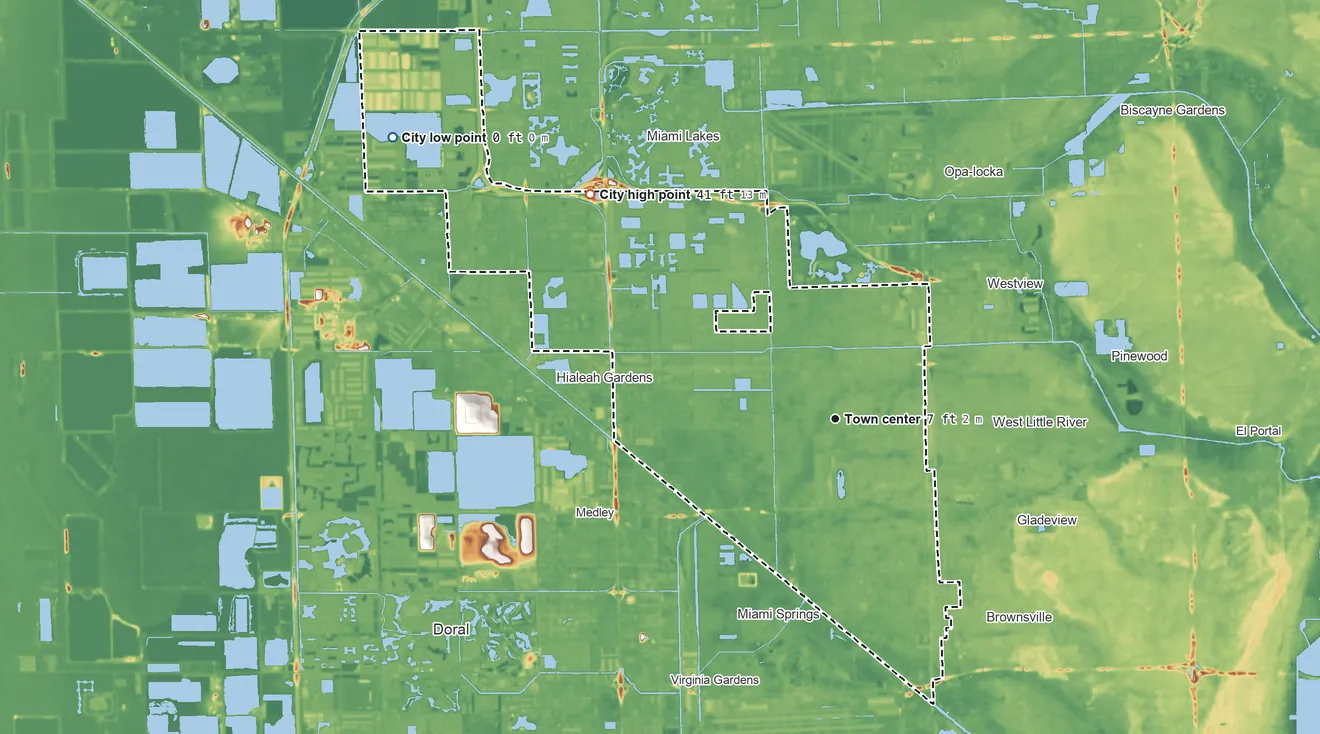 Topographic elevation map of Hialeah, Florida, shaded from 0 ft on the northwest side to 41 ft on the northwest side