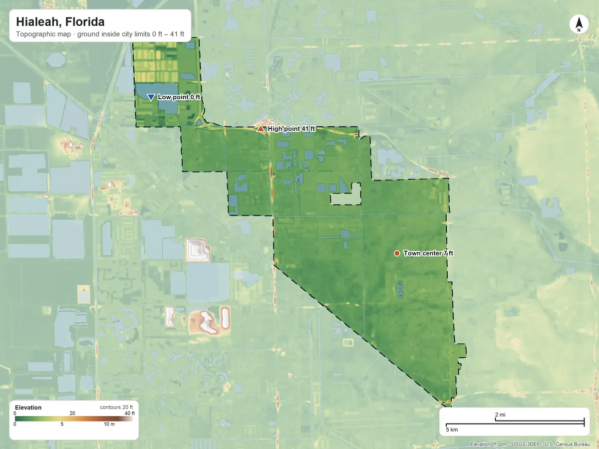 Topographic elevation map of Hialeah, Florida, shaded from 0 ft on the northwest side to 41 ft on the northwest side