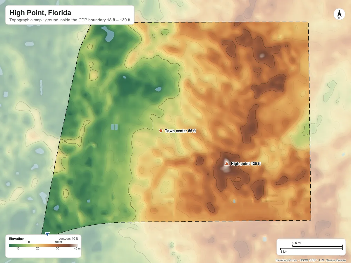 Topographic elevation map of High Point, Florida, shaded from 18 ft on the southwest side to 130 ft on the southeast side