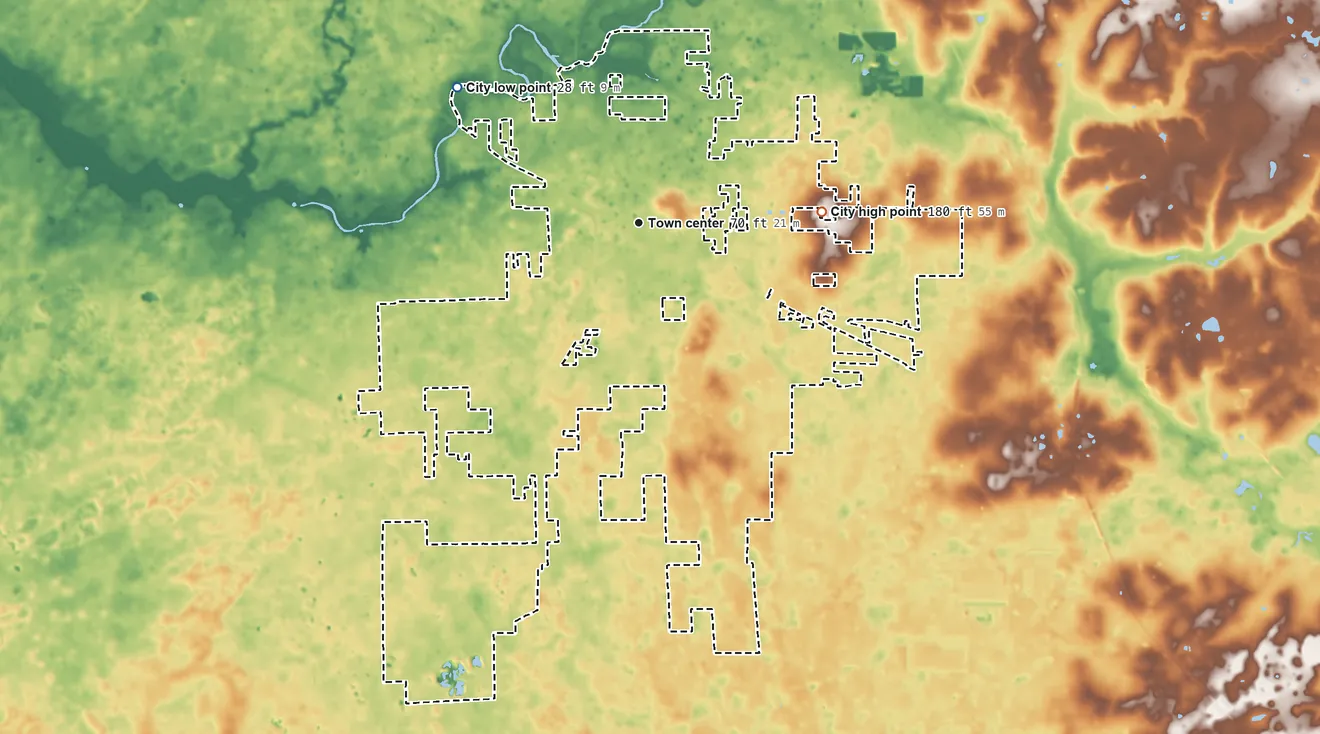 Topographic elevation map of High Springs, Florida, shaded from 28 ft on the northwest side to 180 ft on Underwood Hill