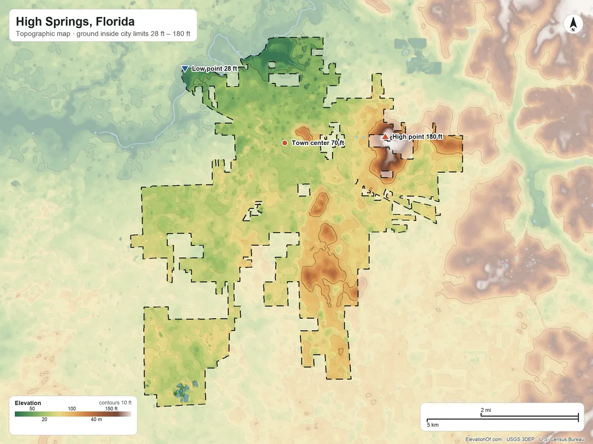 Topographic elevation map of High Springs, Florida, shaded from 28 ft on the northwest side to 180 ft on Underwood Hill