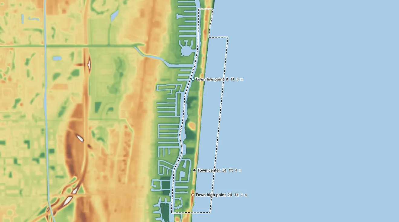 Topographic elevation map of Highland Beach, Florida, shaded from sea level level on the Atlantic Ocean to 24 ft on the south side