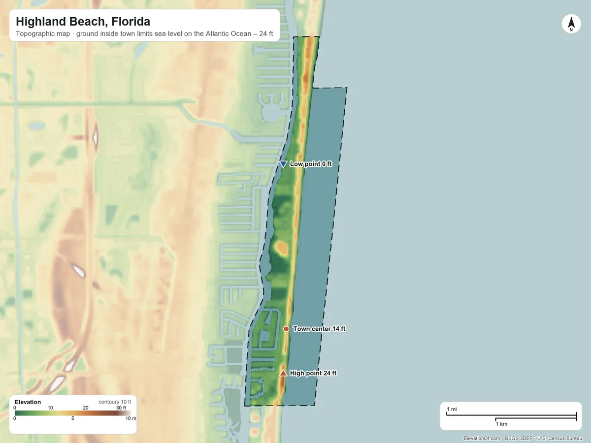 Topographic elevation map of Highland Beach, Florida, shaded from sea level level on the Atlantic Ocean to 24 ft on the south side