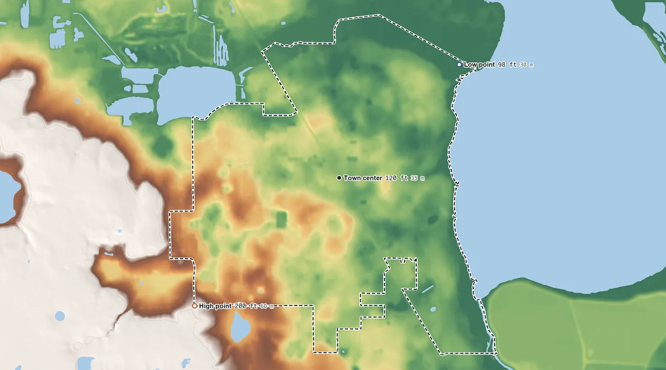 Topographic elevation map of Highland City, Florida, shaded from 98 ft on the northeast side to 200 ft on the southwest side